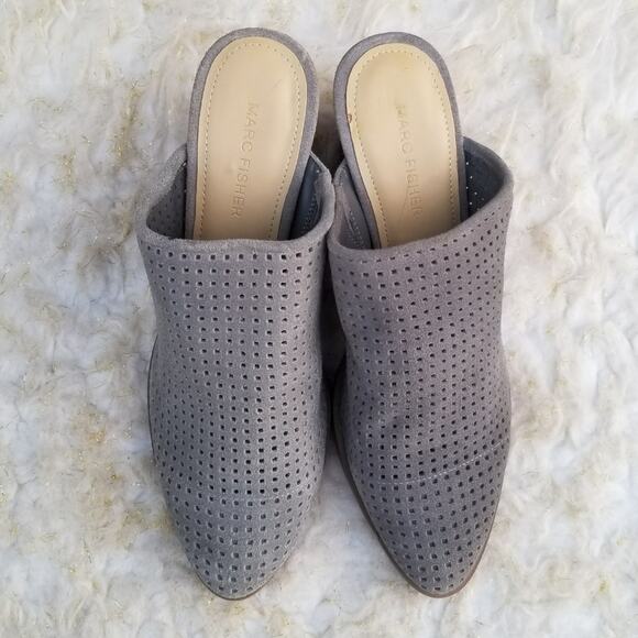 Gray Suede Mule Marc Fisher Ripley Size 7.5 Chunky Heeled Slide Leather - Picture 10 of 13